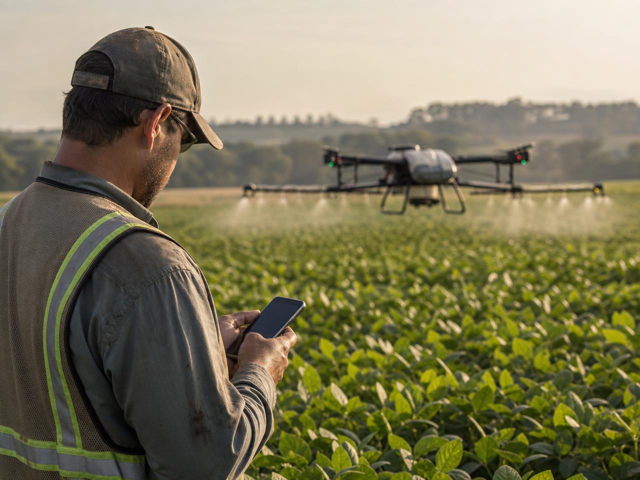 Operador de drone agrícola consultando o celular no campo durante uma aplicação
